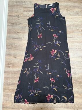 Robbie Bee Silk Black Maxi Dress with Pink & Purple Floral Print